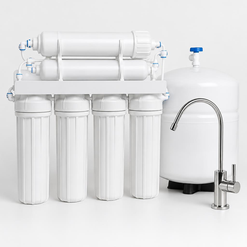 Standard under-sink reverse osmosis system with filter cartridges, a storage tank, and a dedicated drinking-water faucet