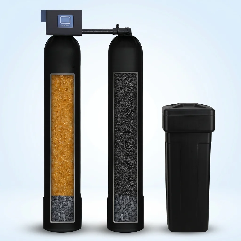 BlueWell dual-tank system: a softening tank and a dedicated coconut carbon tank side by side