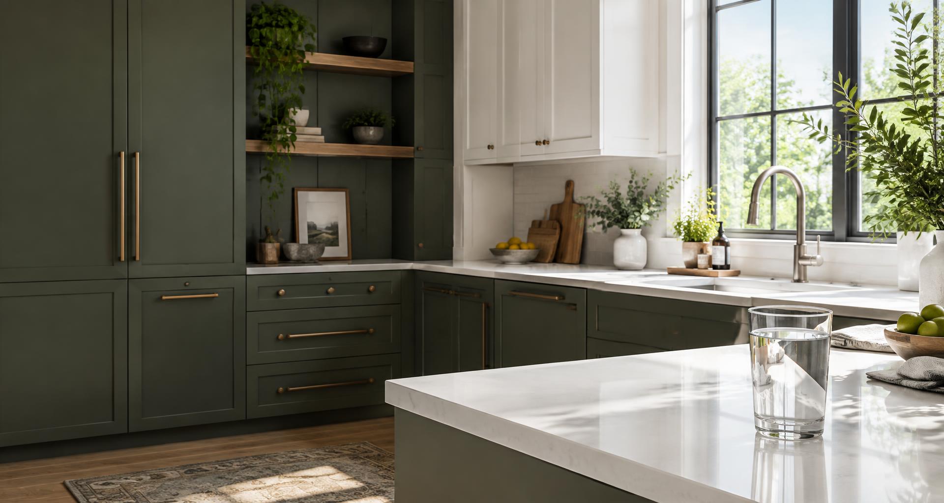 A sunny kitchen with a clear glass of drinking water